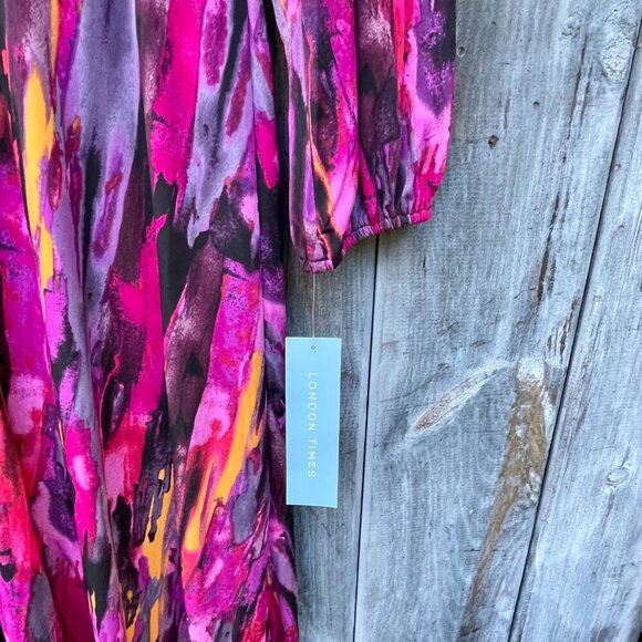 London Times Twist Front Long Sleeve Asymmetric Hem Dress Pink Purple Sz 14 - Picture 13 of 15